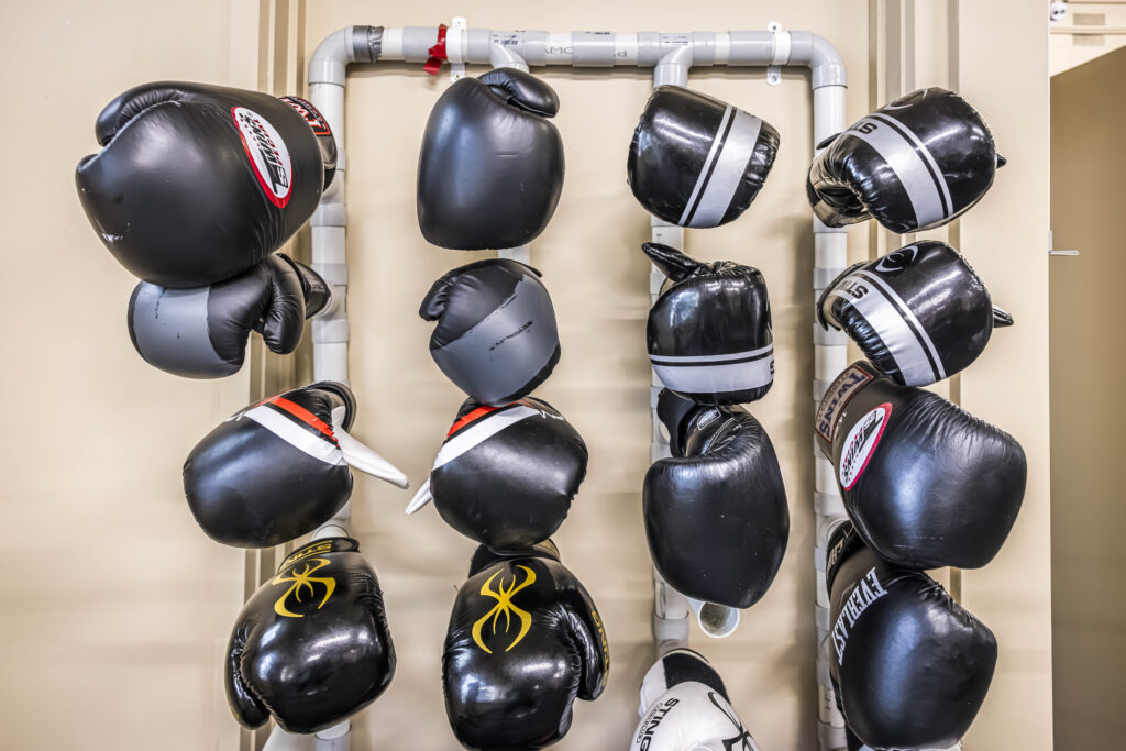 Front on image of our boxing gloves hanging up in the gym