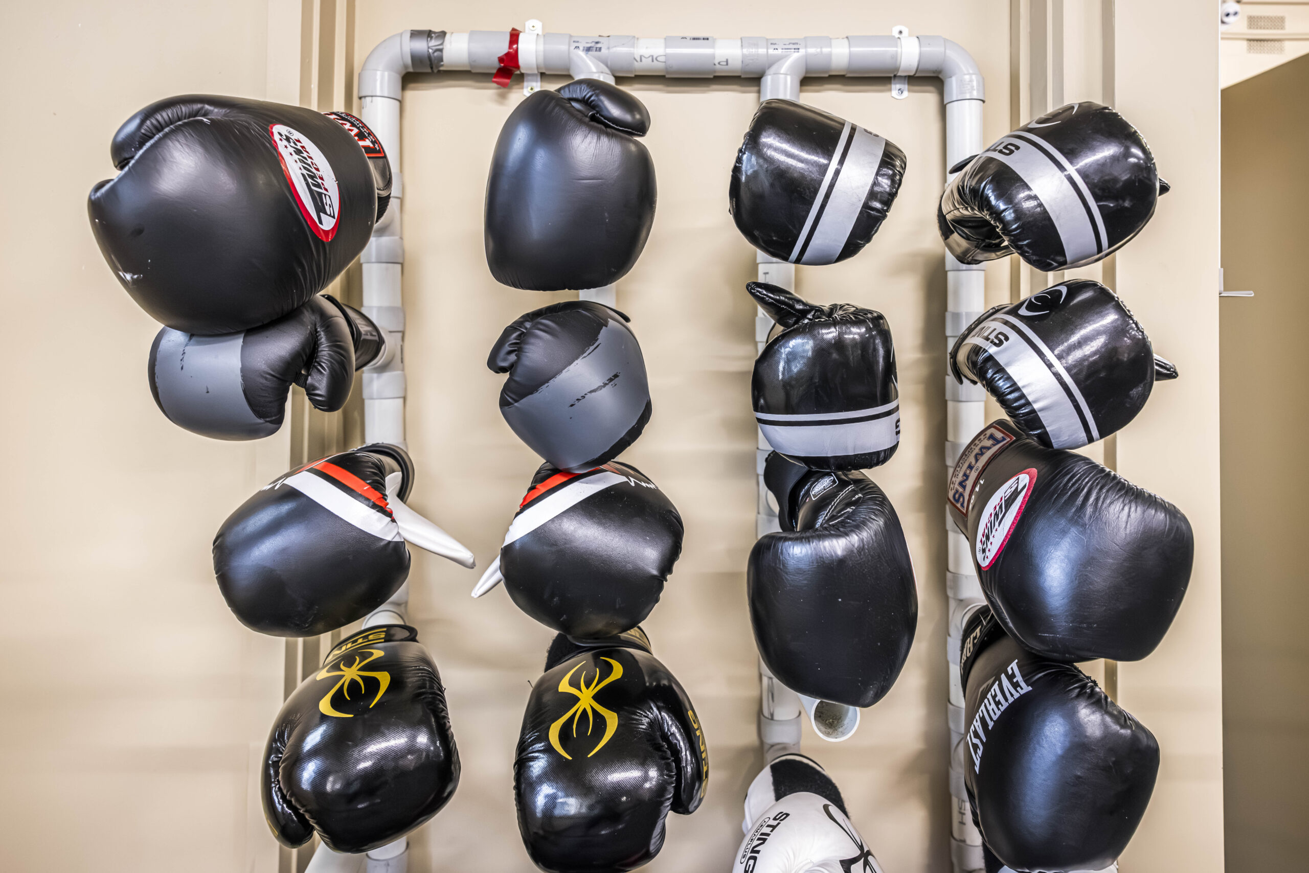 Gloves hanging up in the gym, for those with a Murphy's membership.