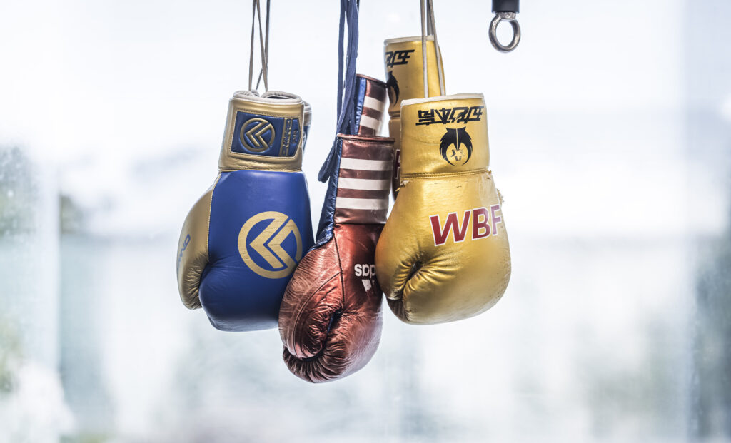 Vintage gloves hanging up in the window.